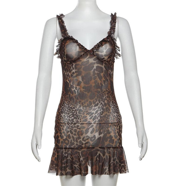Leopard print v neck ruffle mesh cami mini dress  | Festival Outfits Women  | Leopard Print Mini Dress-final-sale