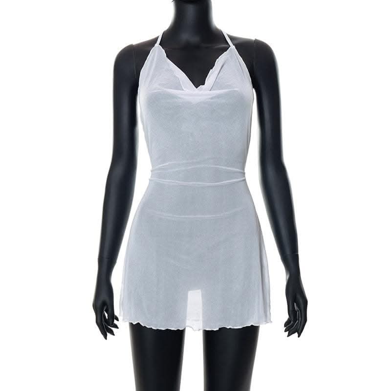 Halter cowl neck sheer mesh ruffle mini dress-final-sale