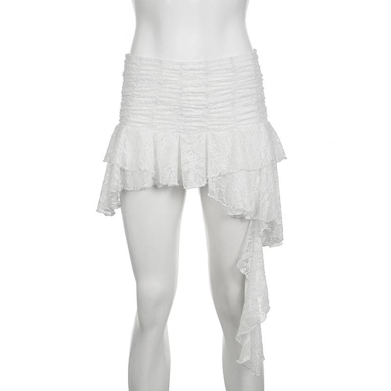 Ruched lace patchwork ruffle irregular mini skirt  | Festival Outfits Women
