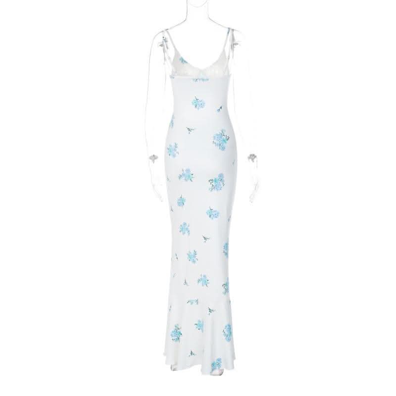 Flower print contrast v neck ruched cami maxi dress-final-sale
