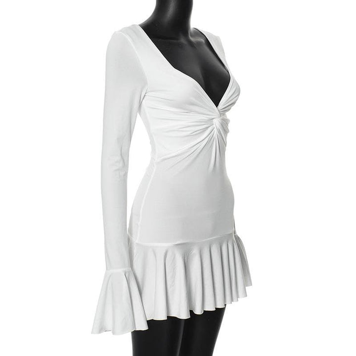 Long flared sleeve ruched v neck solid mini dress  | Festival Outfits Women