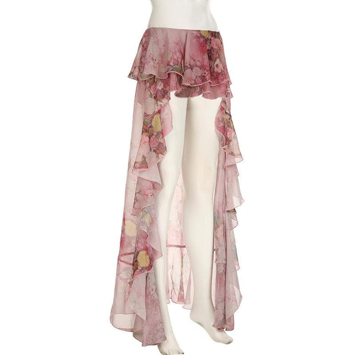 Chiffon flower print ruffle maxi skirt  | Festival Outfits Women