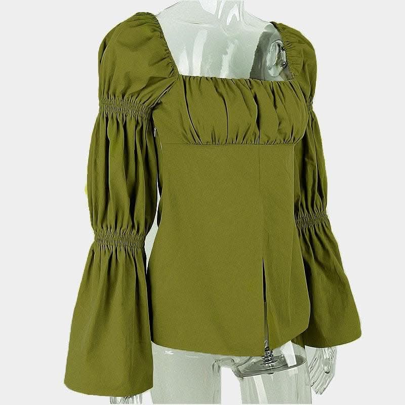 Flared pleated sleeve smocked square neck slit solid top-final-sale  | Festival Outfits Women