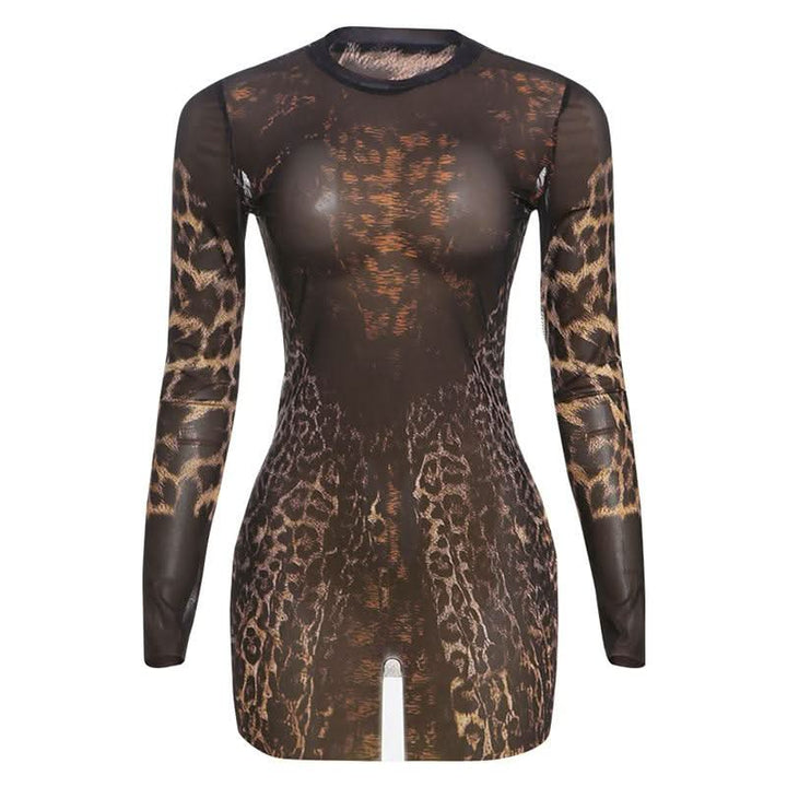 Crewneck long sleeve leopard print mesh mini dress  | Festival Outfits Women  | Leopard Print Mini Dress