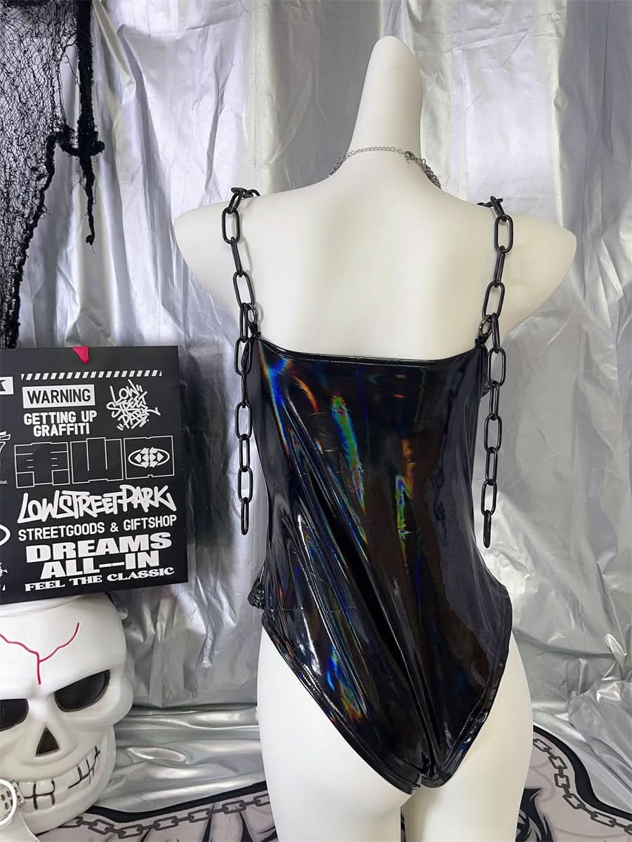 PU leather rivet metal chain bodysuit  | Festival Outfits Women