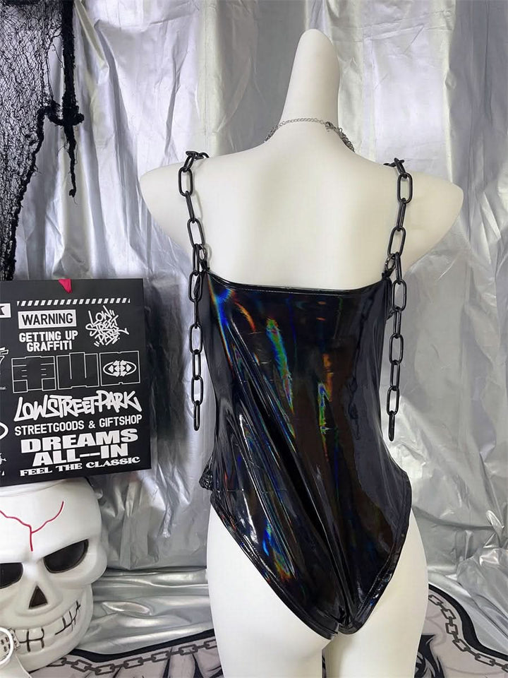 PU leather rivet metal chain bodysuit  | Festival Outfits Women