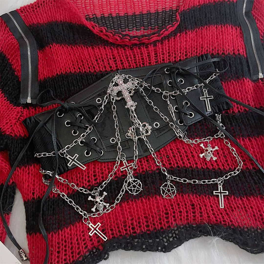 PU leather metal chain cross applique waist chain  | Festival Outfits Women