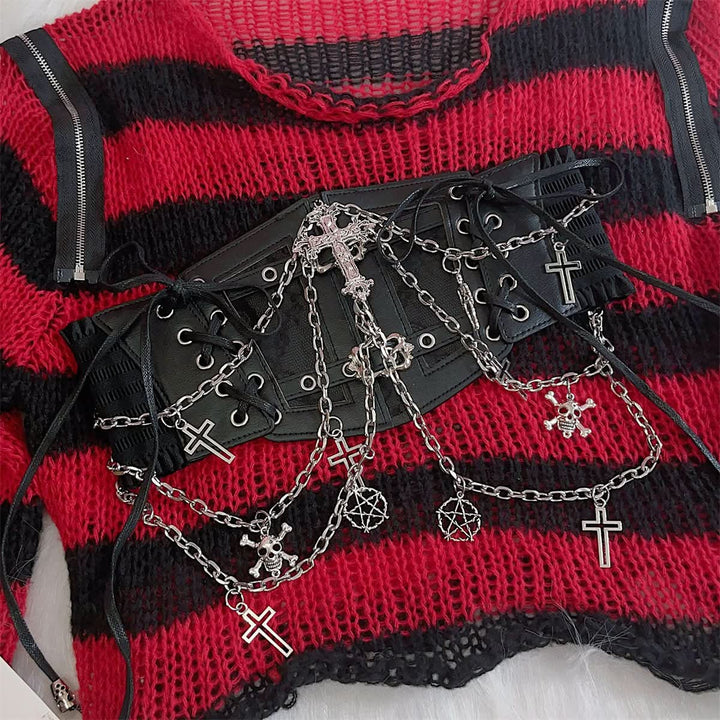 PU leather metal chain cross applique waist chain  | Festival Outfits Women