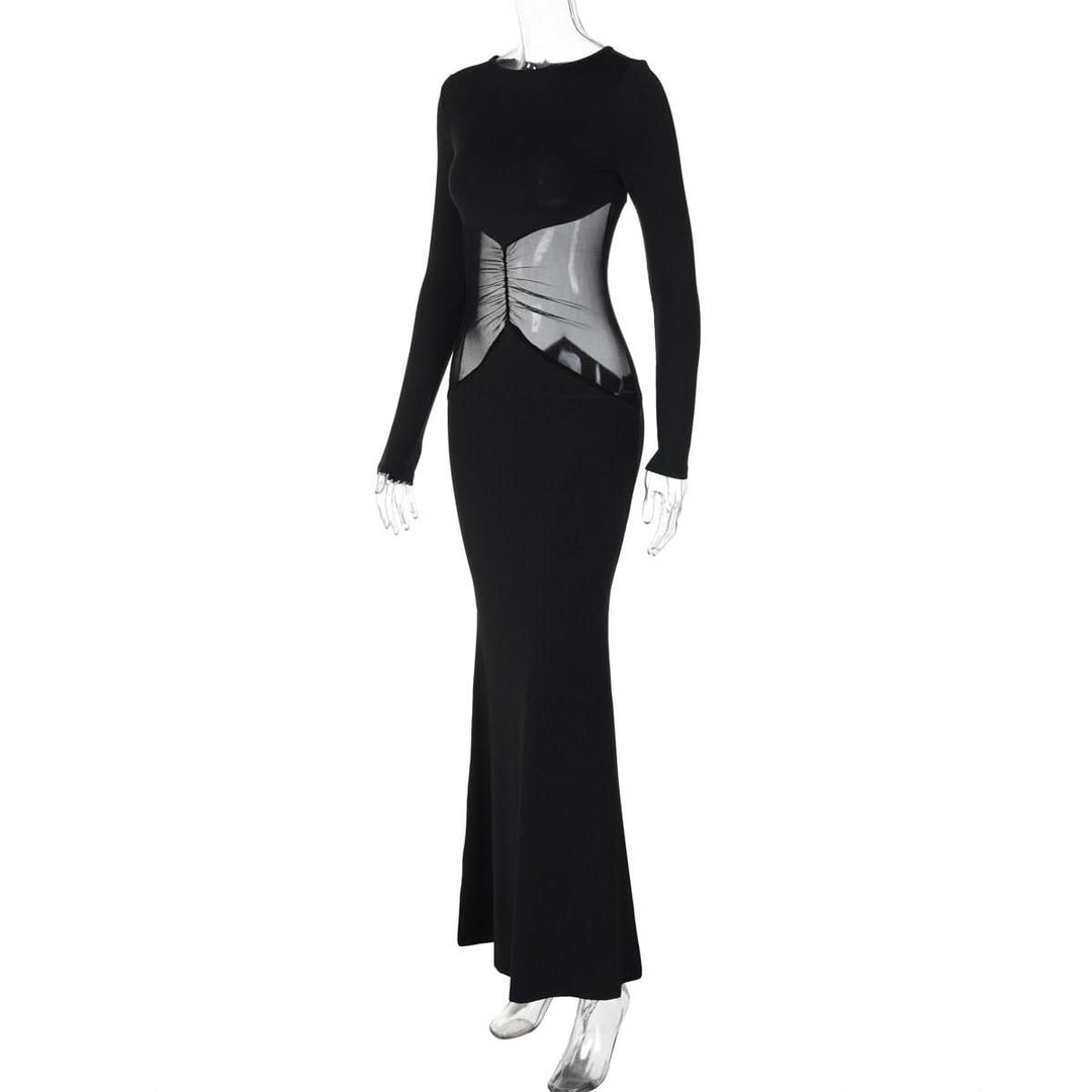 Long sleeve crewneck mesh patchwork maxi dress  | Festival Outfits Women-final-sale