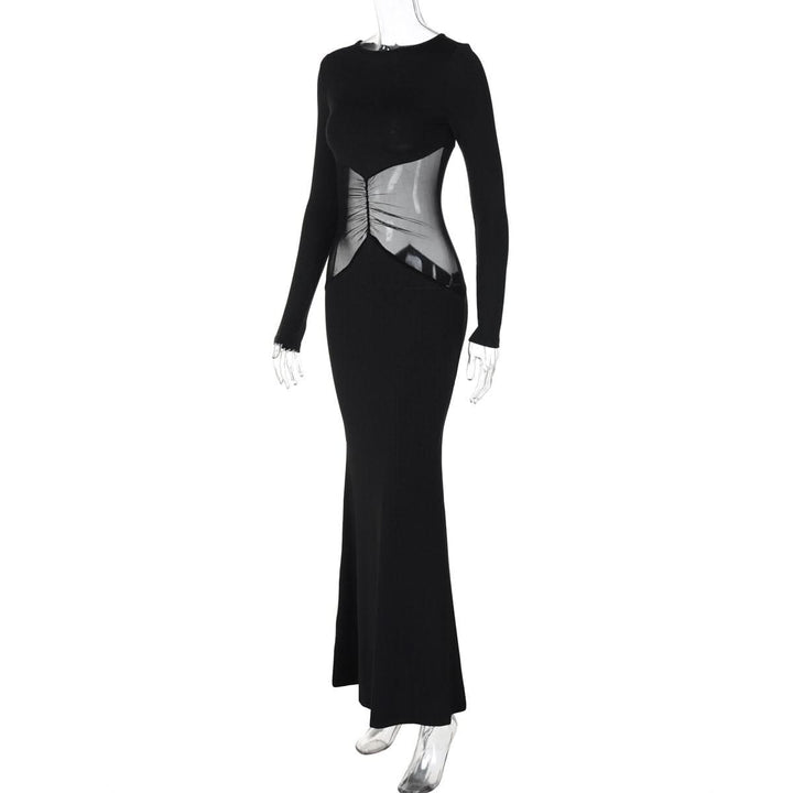Long sleeve crewneck mesh patchwork maxi dress  | Festival Outfits Women-final-sale