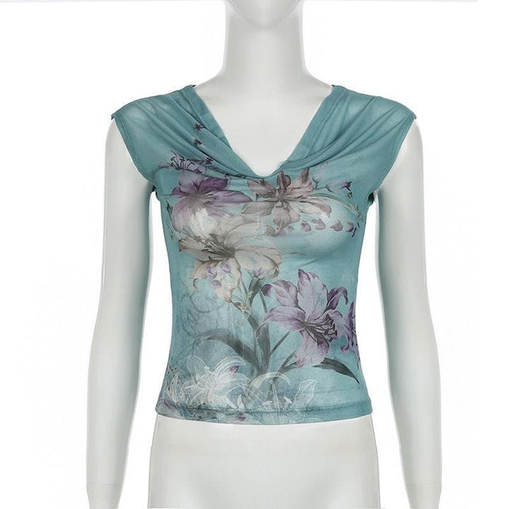 Ruched ruffle cowl neck  flower print mesh maxi skirt set-final-sale