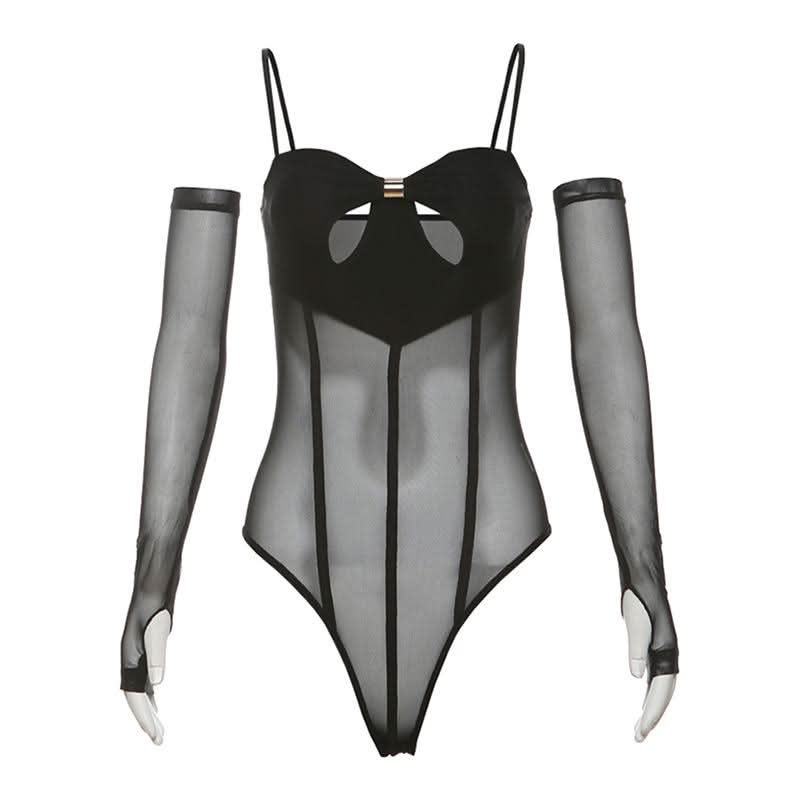 Gloves mesh hollow out button corset cami bodysuit-final-sale
