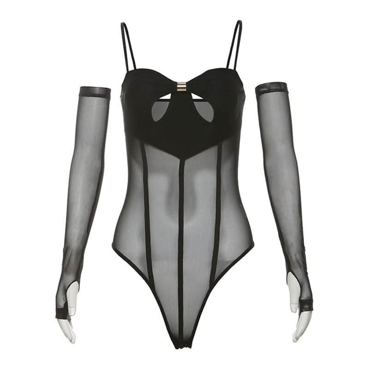 Gloves mesh hollow out button corset cami bodysuit-final-sale