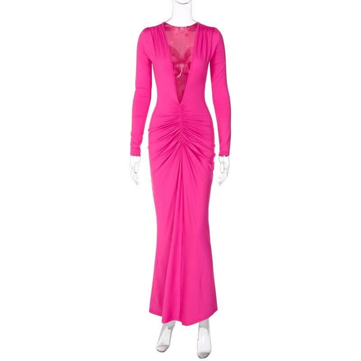 Ruched long sleeve v neck solid 2-way maxi dress-final-sale  | Festival Outfits Women