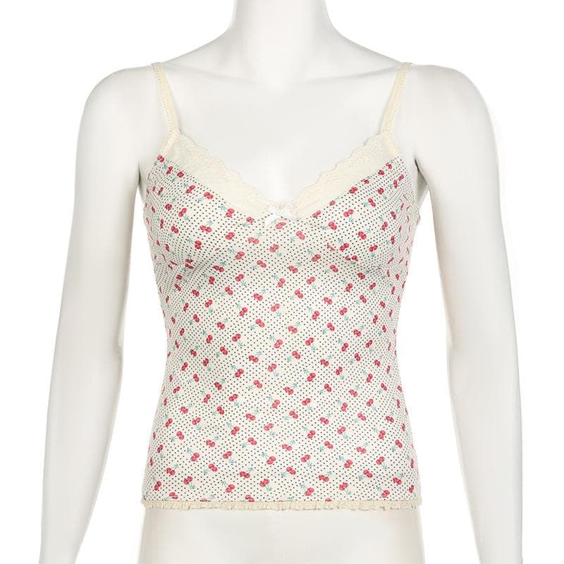 Tufafin V na wuyan ceri mai siffar bowknot lace mai launin polka dot cami | Kayan Biki na Mata