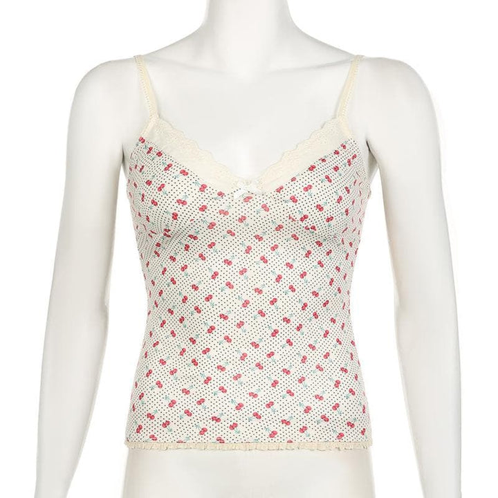 Tufafin V na wuyan ceri mai siffar bowknot lace mai launin polka dot cami | Kayan Biki na Mata