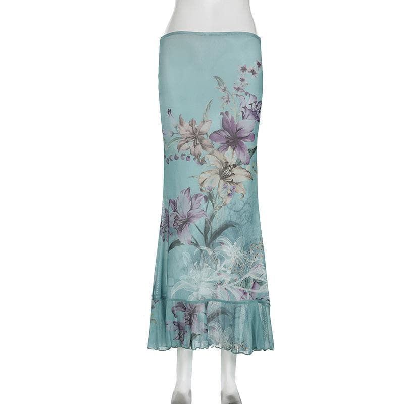 Ruched ruffle cowl neck  flower print mesh maxi skirt set-final-sale