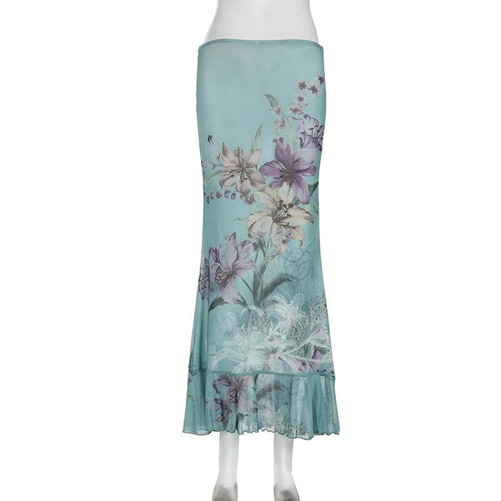 Ruched ruffle cowl neck  flower print mesh maxi skirt set-final-sale