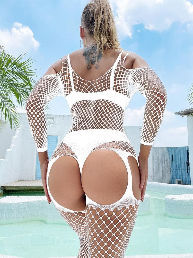 Fishnet hollow out off shoulder open crotch bodystocking  | Festival Outfits Women