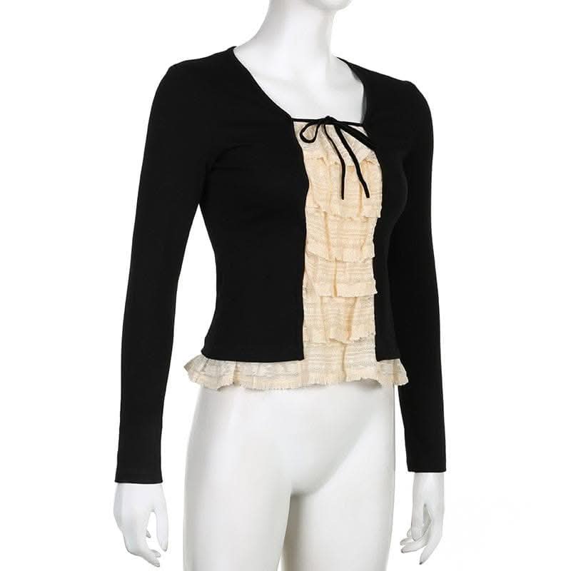 Lace patchwork contrast long sleeve self tie top-final-sale  | Festival Outfits Women