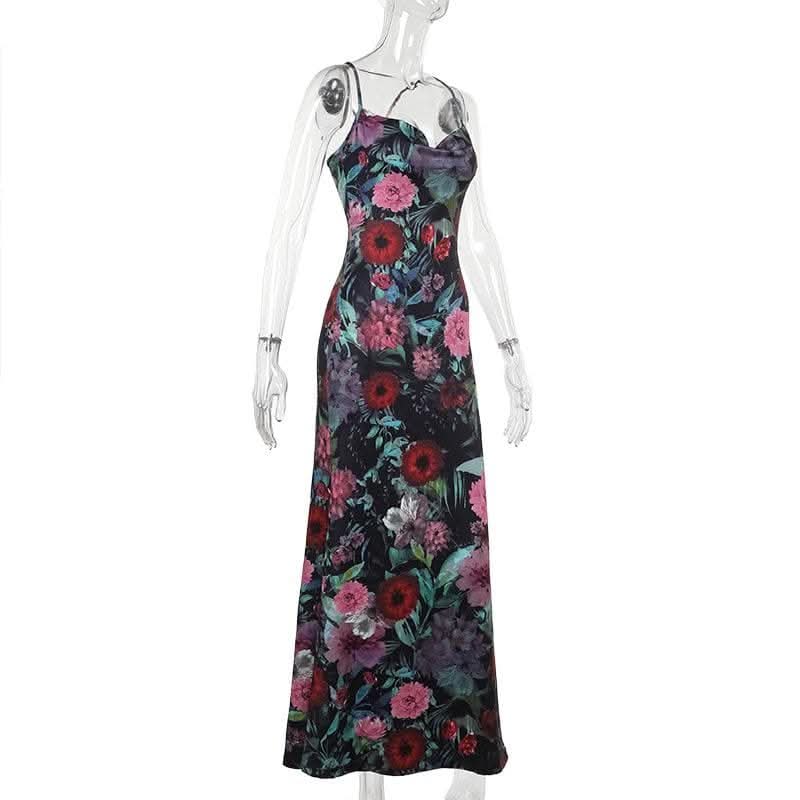 Cowl neck flower print contrast backless cami maxi dress-final-sale  | Festival Outfits Women