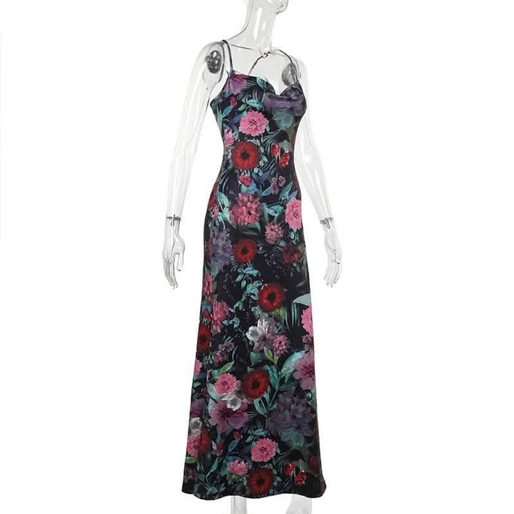 Cowl neck flower print contrast backless cami maxi dress-final-sale  | Festival Outfits Women