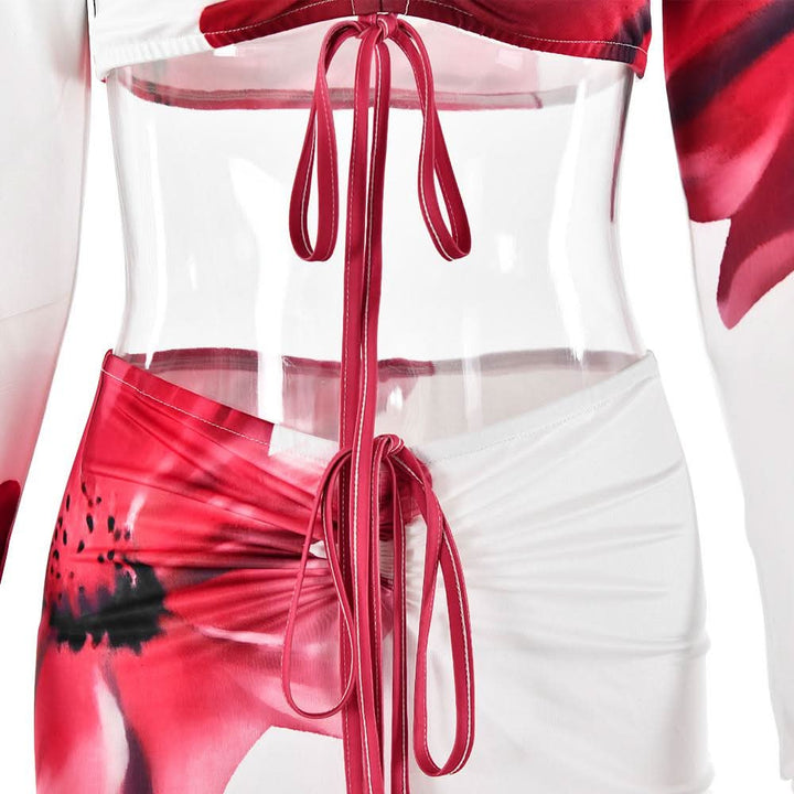 Long sleeve ruched drawstring print slit maxi skirt set  | Festival Outfits Women