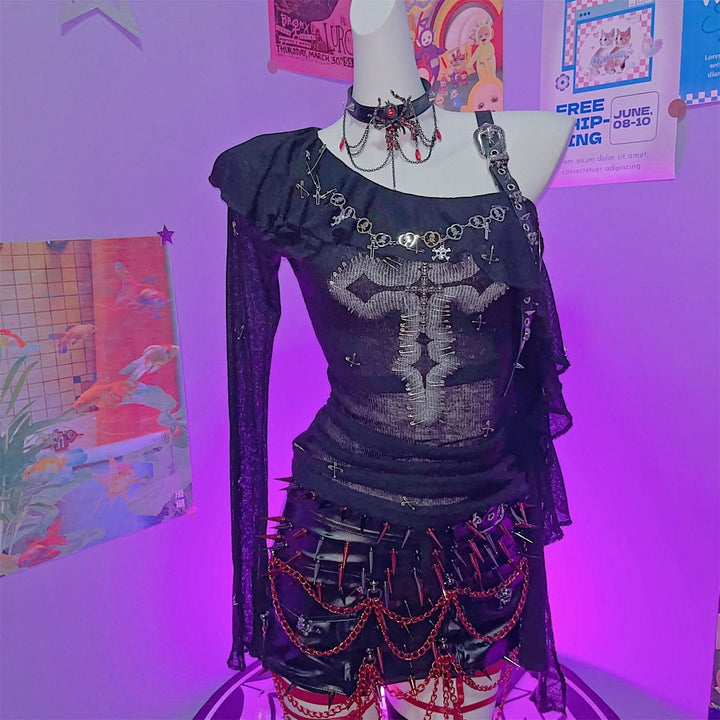 One shoulder long sleeve buckle cross pattern top  | Festival Outfits Women