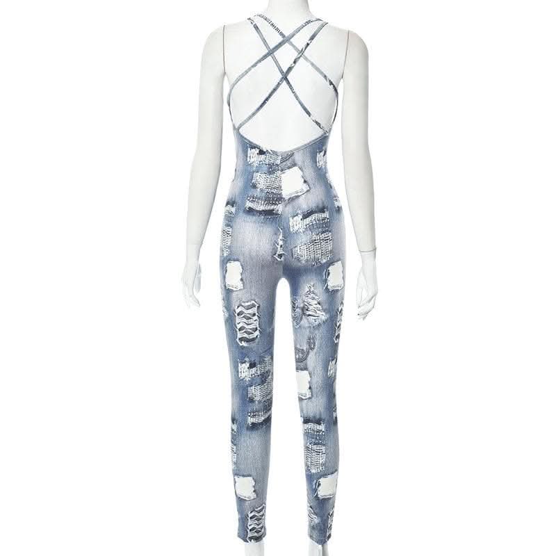 Denim print cross back u neck sleeveless jumpsuit-final-sale  | Festival Outfits Women