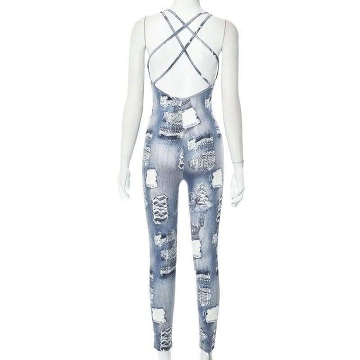 Denim print cross back u neck sleeveless jumpsuit-final-sale  | Festival Outfits Women