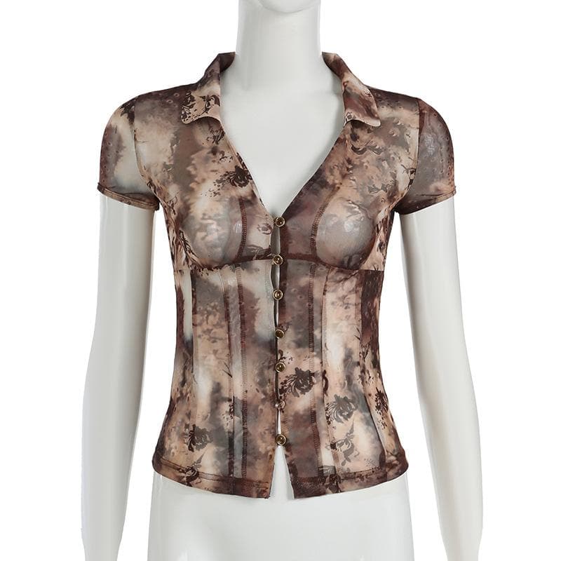 Short sleeve tie dye button sheer mesh top-final-sale