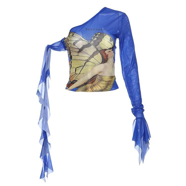 Off shoulder flared sleeve mesh print ruffle top  | Festival Outfits Women