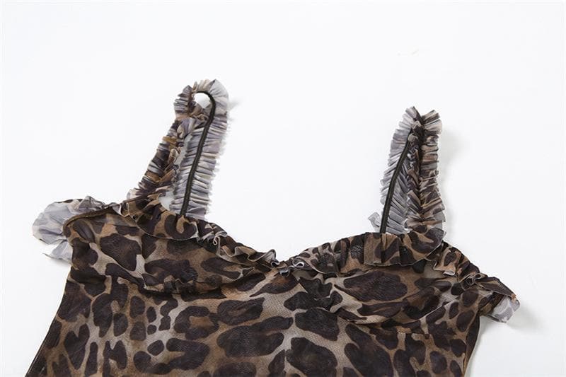 Leopard print v neck ruffle mesh cami mini dress  | Festival Outfits Women  | Leopard Print Mini Dress-final-sale