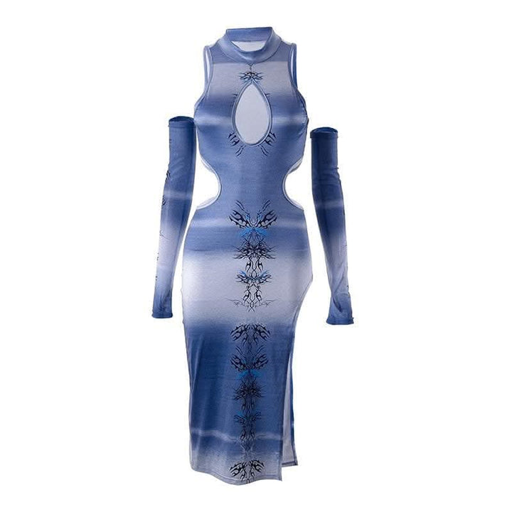 Contrast abstract print hollow out slit gloves cut out midi dress-final-sale  | Festival Outfits Women
