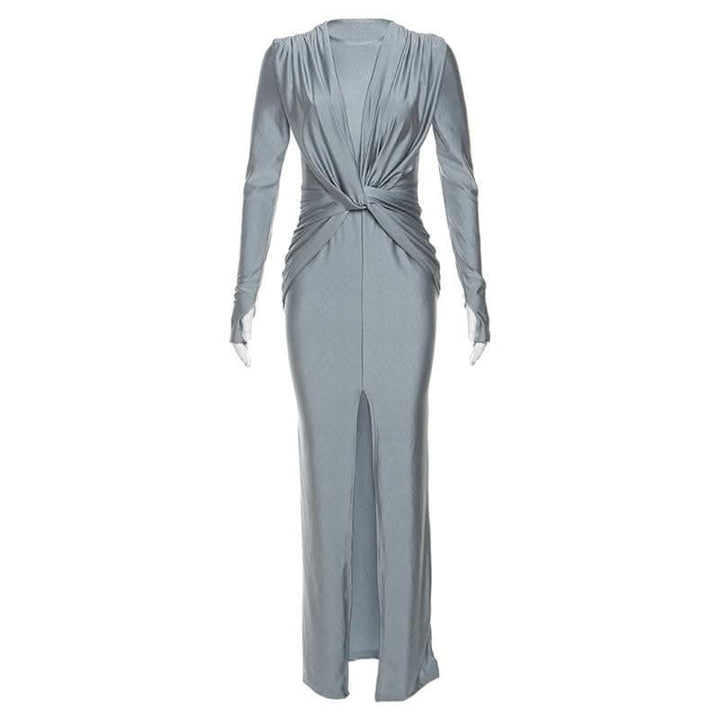 Knotted slit solid long sleeve ruched maxi dress-final-sale  | Festival Outfits Women