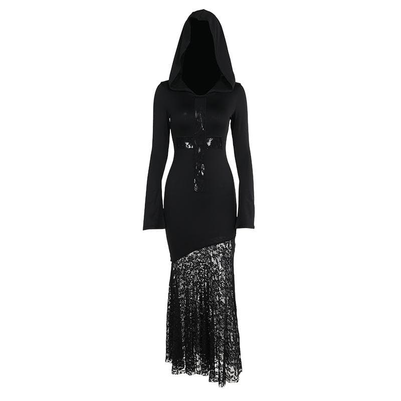 Long sleeve hoodie lace hem cross pattern maxi dress  | Festival Outfits Women