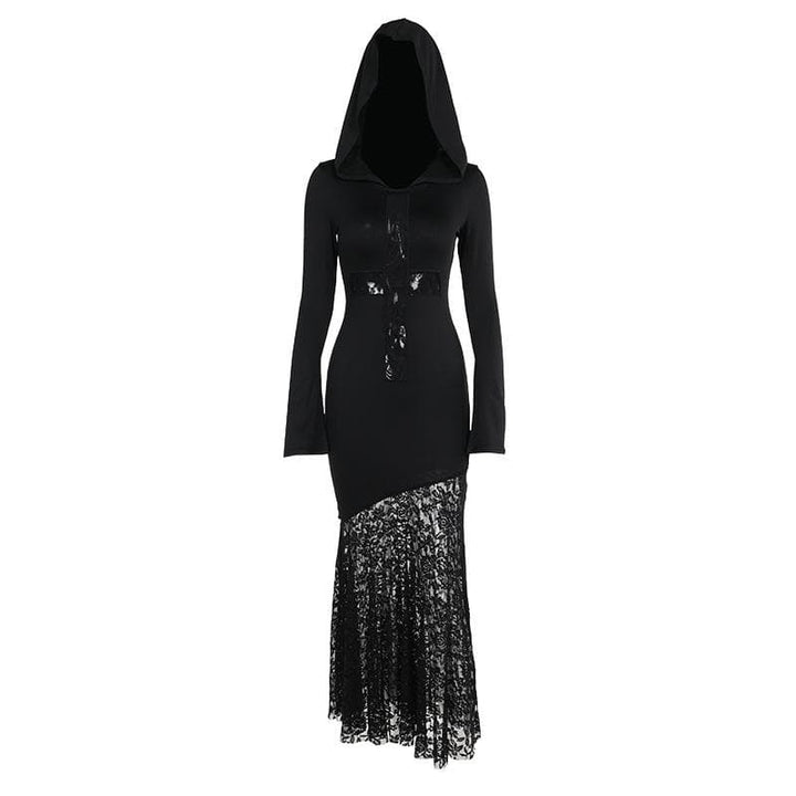 Long sleeve hoodie lace hem cross pattern maxi dress  | Festival Outfits Women