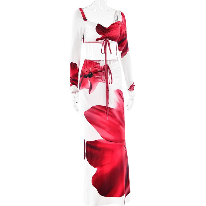 Long sleeve ruched drawstring print slit maxi skirt set  | Festival Outfits Women