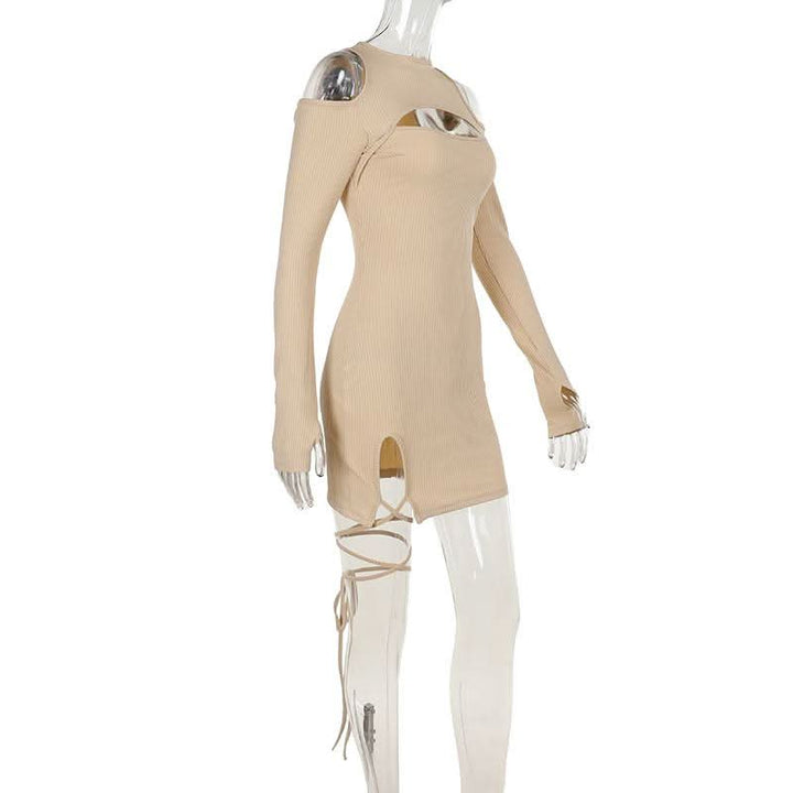 Long sleeve off shoulder knitted hollow out self tie cut out mini dress  | Festival Outfits Women