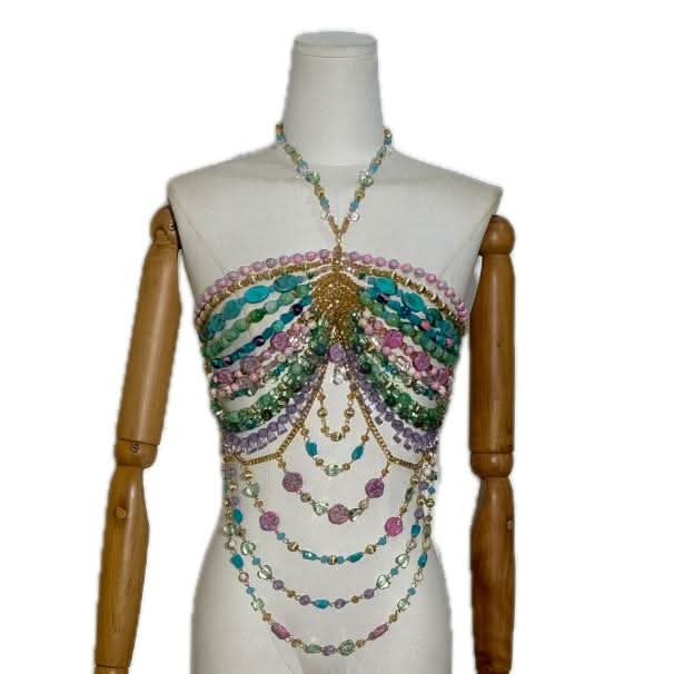Halter beaded metal chain hollow out cut out top  | Festival Outfits Women