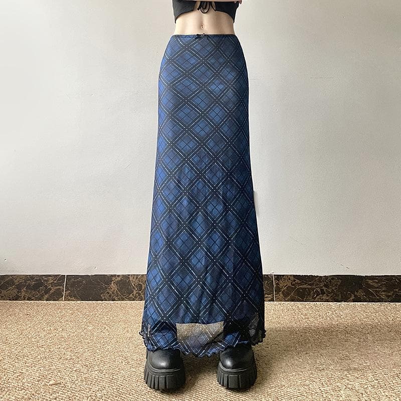 Bowknot mesh ruffle print plaid maxi skirt  | Festival Outfits Women