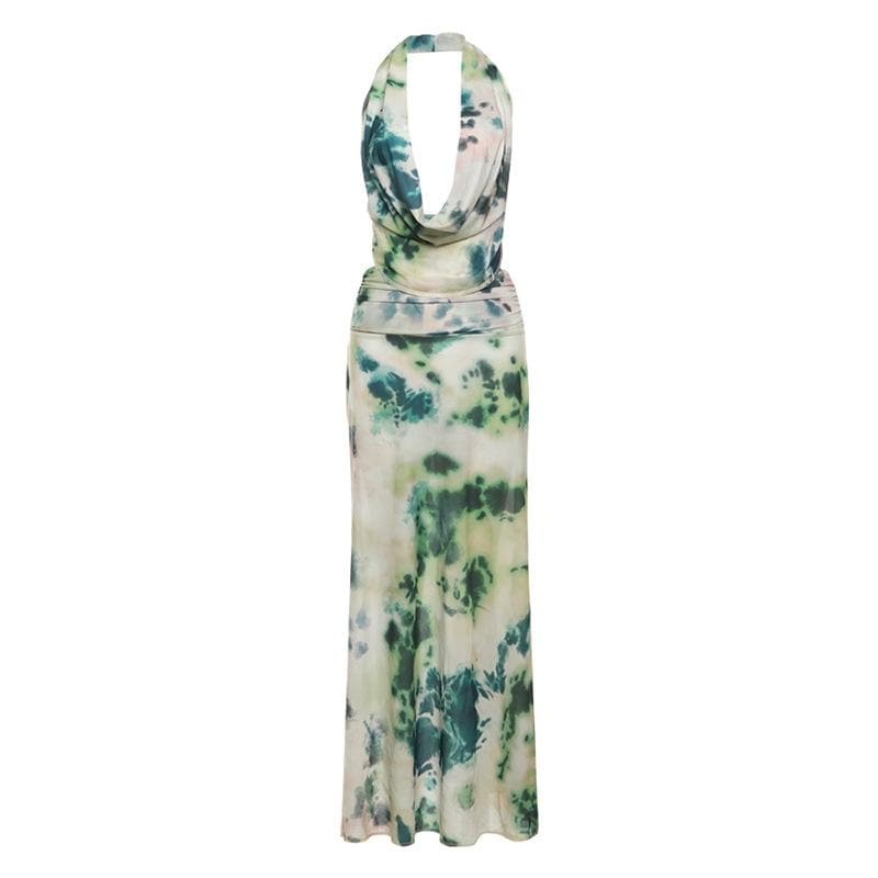 Halter cowl neck print ruched backless maxi skirt set-final-sale
