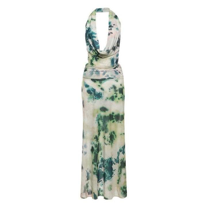 Halter cowl neck print ruched backless maxi skirt set-final-sale
