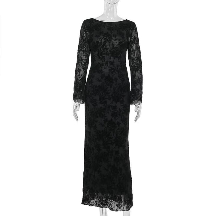 Round neck long sleeve self tie flower print maxi dress  | Festival Outfits Women