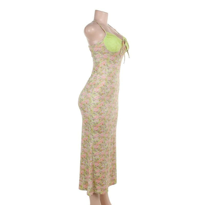 Sweetheart neck lace flower print knotted cami maxi dress  | Festival Outfits Women