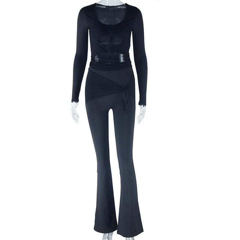 Long sleeve drawstring ruched patchwork jumpsuit  | Festival Outfits Women