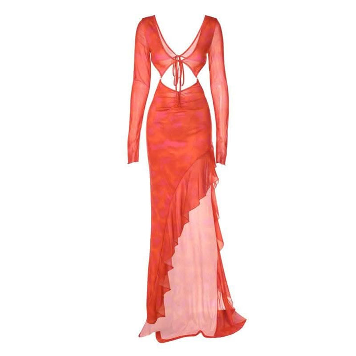 Long sleeve solid mesh slit v neck ruffle hollow out cut out maxi dress-final-sale  | Festival Outfits Women