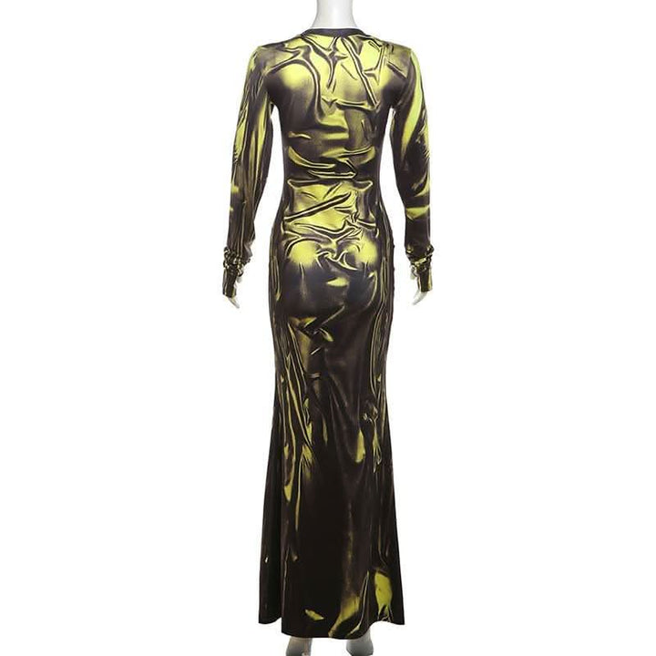 Long sleeve crewneck ruched print maxi dress-final-sale