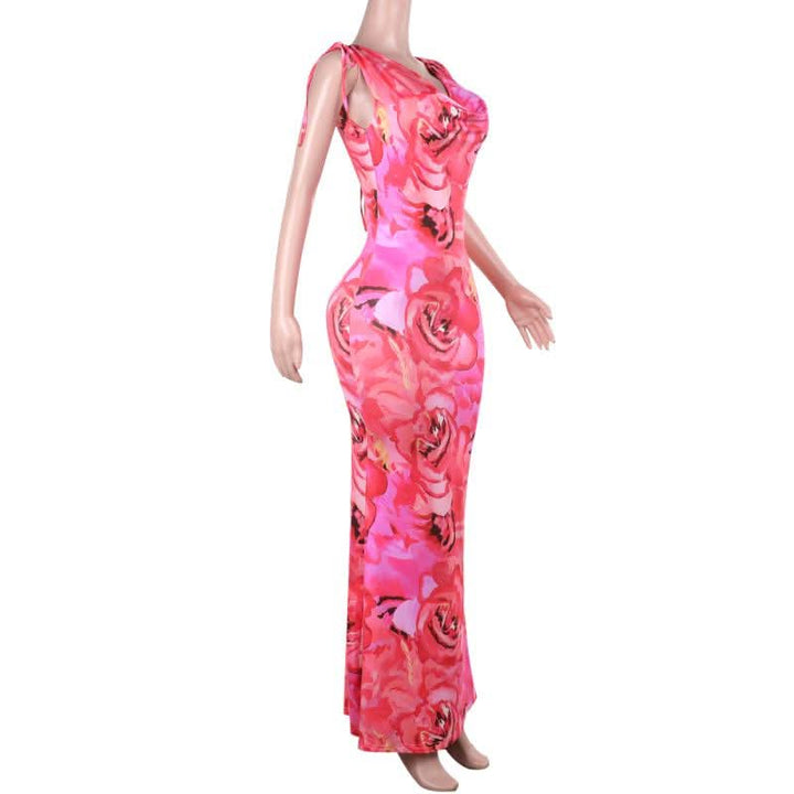 Cowl neck self tie flower print backless maxi dress  | Festival Outfits Women