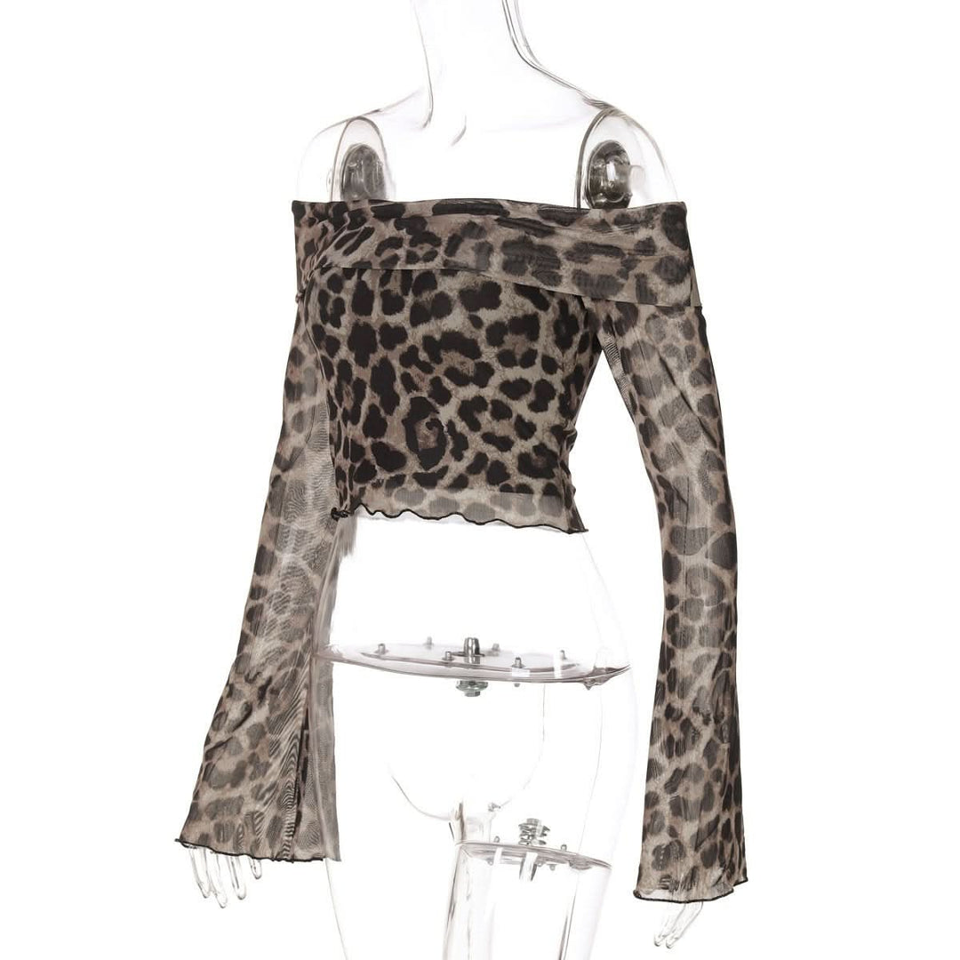 Long sleeve off shoulder leopard print ruffle top  | Festival Outfits Women  | Cheetah Print Top